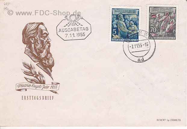 Ersttagsbrief DDR Mi-Nr: 485+490, 60. Todestag von Friedrich Engels