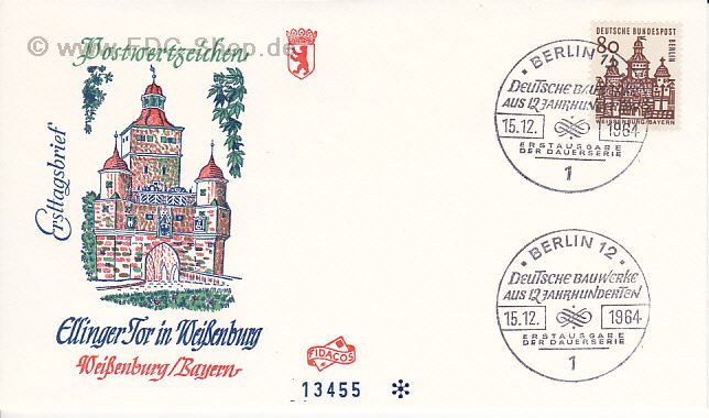 Ersttagsbrief BERLIN Mi-Nr: 249, Freimarken: Deutsche Bauwerke aus zwölf Jahrhunderten; Ellinger Tor, Weißenburg (Bayern)