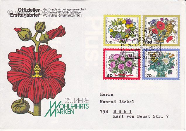 Ersttagsbrief BERLIN Mi-Nr: 473-476, 25 Jahre wohlfahrtsmarken: Blumensträuße