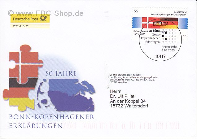 Ersttagsbrief BUND Mi-Nr: 2449, 50 Jahre Bonn-Kopenhagener Erklärung