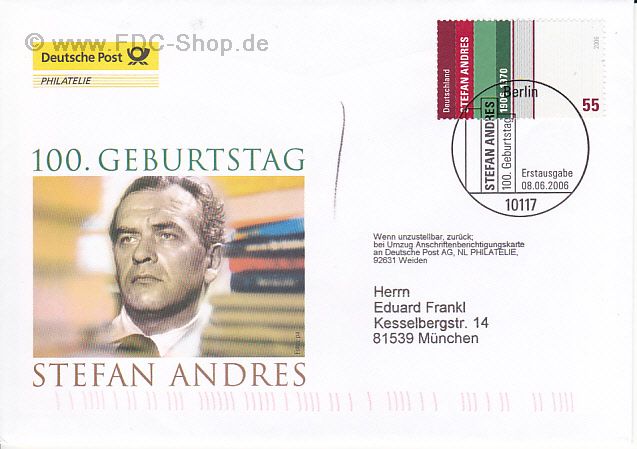 Ersttagsbrief BUND Mi-Nr: 2545, 100. Geburtstag von Stephan Andres