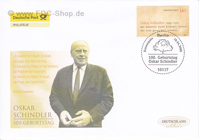Ersttagsbrief BUND Mi-Nr: 2660, 100. Geburtstag von Oskar Schindler