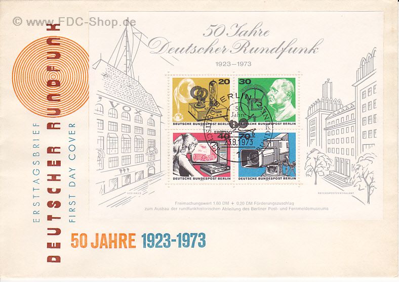 Ersttagsbrief BERLIN Mi-Nr: 455-458, 50 Jahre Deutscher Rundfunk (Block 4)