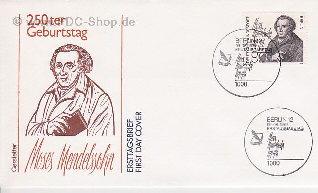 Ersttagsbrief BERLIN Mi-Nr: 601, 250. Geburtstag von Moses Mendelsohn
