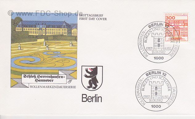 Ersttagsbrief BERLIN Mi-Nr: 677, Freimarke: Burgen und Schlösser; Schloß Herrenhausen