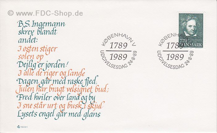 Ersttagsbrief Dänemark Mi-Nr: 956, 200. Geburtstag von Bernhard Severin Ingemann