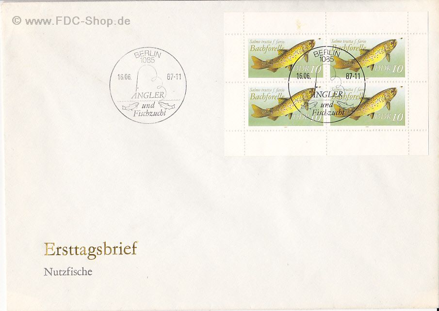 Ersttagsbrief DDR Mi-Nr: 3096, Süßwasserfische (Kleinbogen)