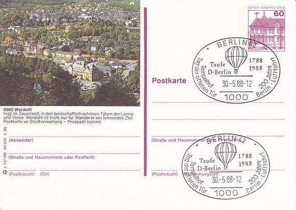 Ganzsache BERLIN Mi-Nr: 611, Freimarken Burgen und Schlösser (Sonderstempel Tag der offenen Tür Tempelhog, 30.05.1988)