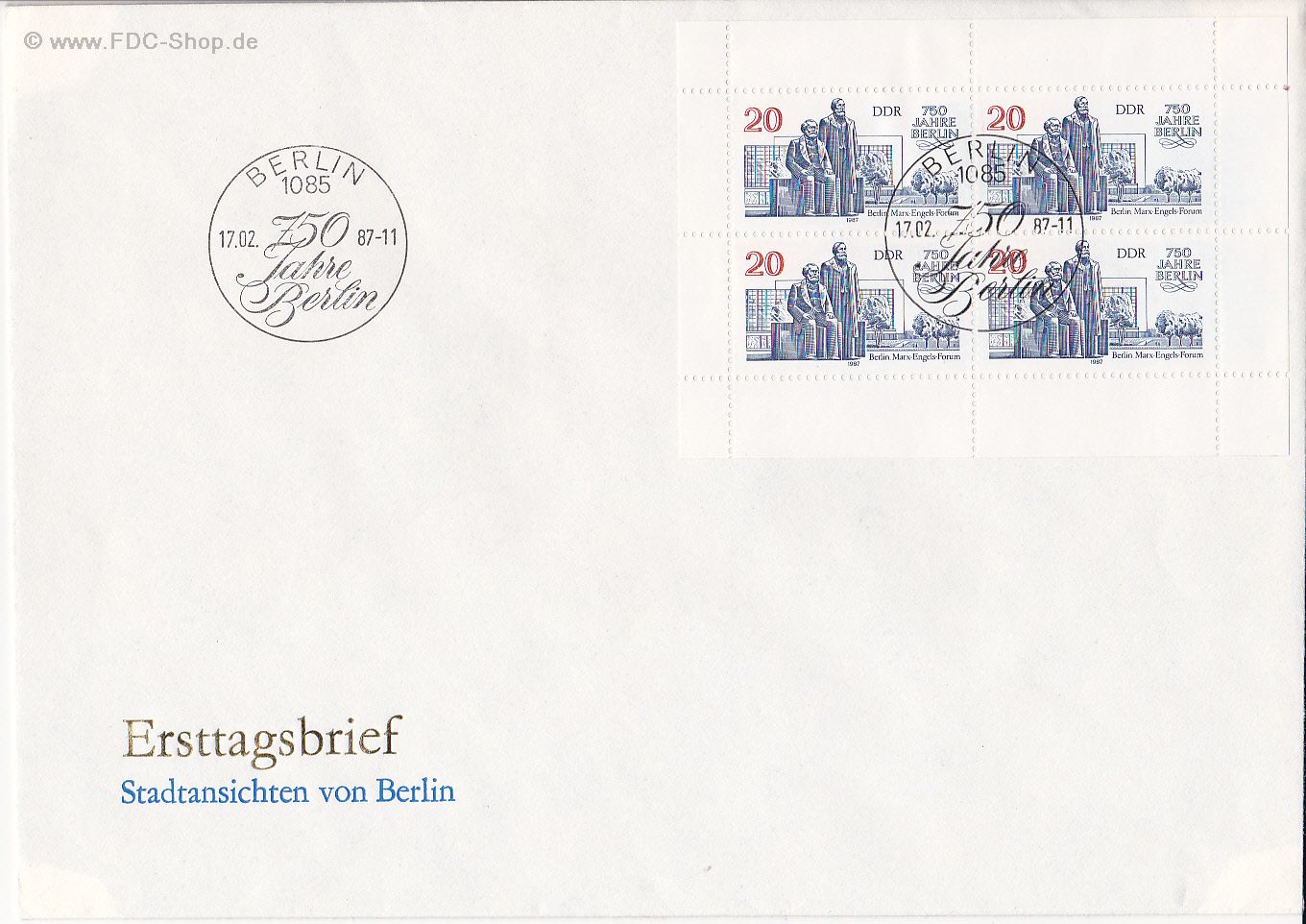 Ersttagsbrief DDR Mi-Nr: 3077, 750 Jahre Berlin (Kleinbogen)