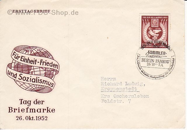 Ersttagsbrief DDR Mi-Nr: 319, Tag der Briefmarke 1952