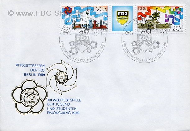 Ersttagsbrief DDR Mi-Nr: 3248-3249, Pfingsttreffen der FDJ, Berlin; Weltfestspiele der Jugend und Studenten, Pjöngjiang