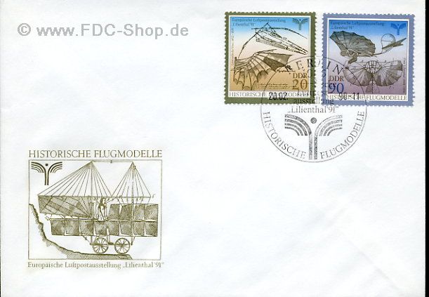 Ersttagsbrief DDR Mi-Nr: 3311+3314, Historische Flugmodelle; Europäische Luftpostausstellung "Lilienthal '91"