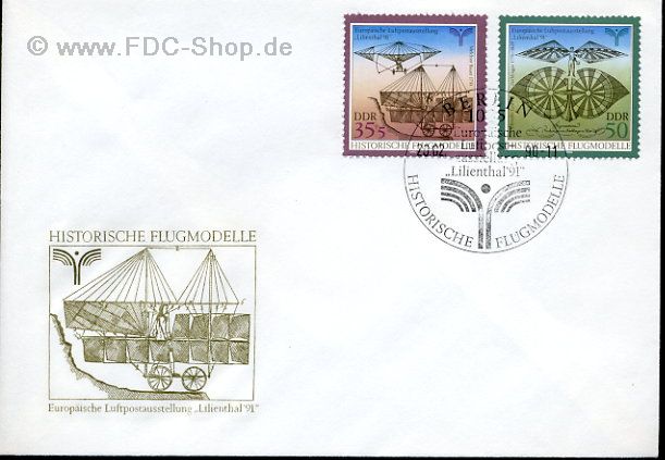 Ersttagsbrief DDR Mi-Nr: 3312+3313, Historische Flugmodelle; Europäische Luftpostausstellung "Lilienthal '91"