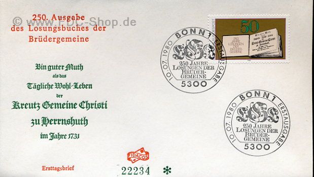 Ersttagsbrief BUND Mi-Nr: 1054, 250. Ausgabe des Losungsbuches der Brüdergemeine