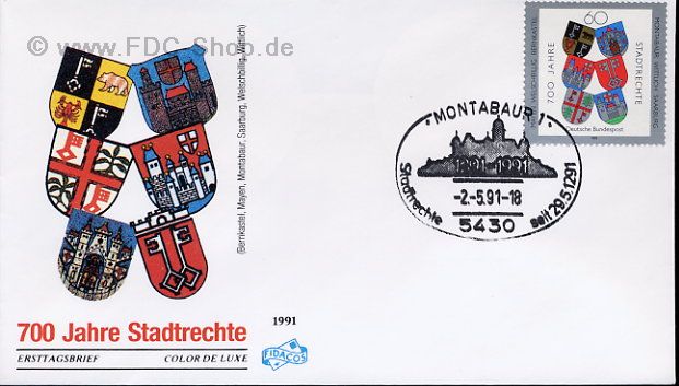 Ersttagsbrief BUND Mi-Nr: 1528, 700 Jahre Stadtrechte für Mayen, Welschbillig, Bernkastel, Montabaur, Wittlich und Saarburg