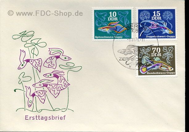 Ersttagsbrief DDR Mi-Nr: 2176+2177+2181, Zierfische: Guppys (Poecilia reticulata)