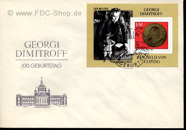 Ersttagsbrief DDR Mi-Nr: 2708, 100. Geburtstag von Georgi M. Dimitroff (1882-1949), Block 68