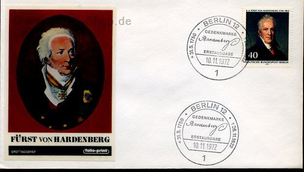 Ersttagsbrief BERLIN Mi-Nr: 440, 150. Todestag von Karl August Fürst von Hardenberg