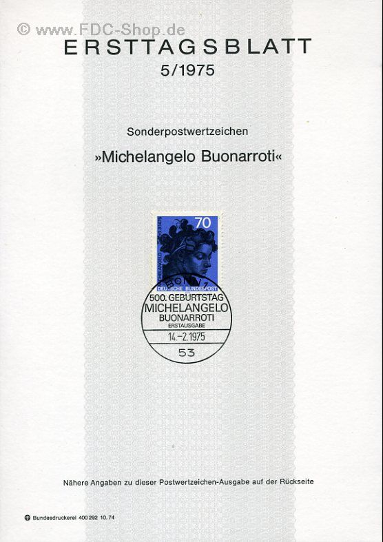 Ersttagsblatt BUND (05/1975) Mi-Nr: 833, Michelangelo Buonarotti
