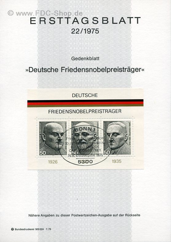 Ersttagsblatt BUND (22/1975) Mi-Nr: 871-873, Deutsche Friedensnobelpreisträger