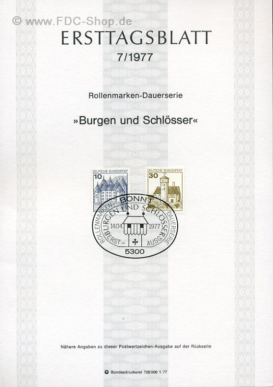 Ersttagsblatt BUND (07/1977) Mi-Nr: 913-914, Burgen und Schlösser