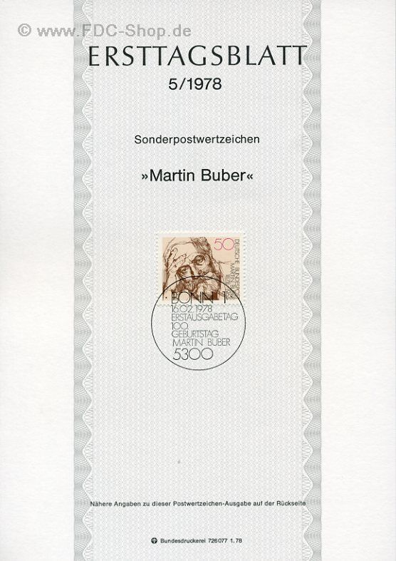 Ersttagsblatt BUND (05/1978) Mi-Nr: 962, Martin Buber