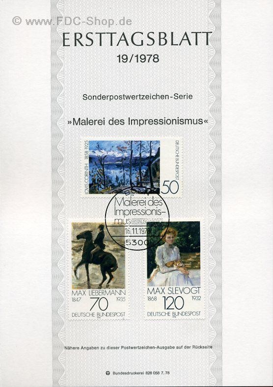 Ersttagsblatt BUND (19/1978) Mi-Nr: 986-988, Malerei des Impressionismus