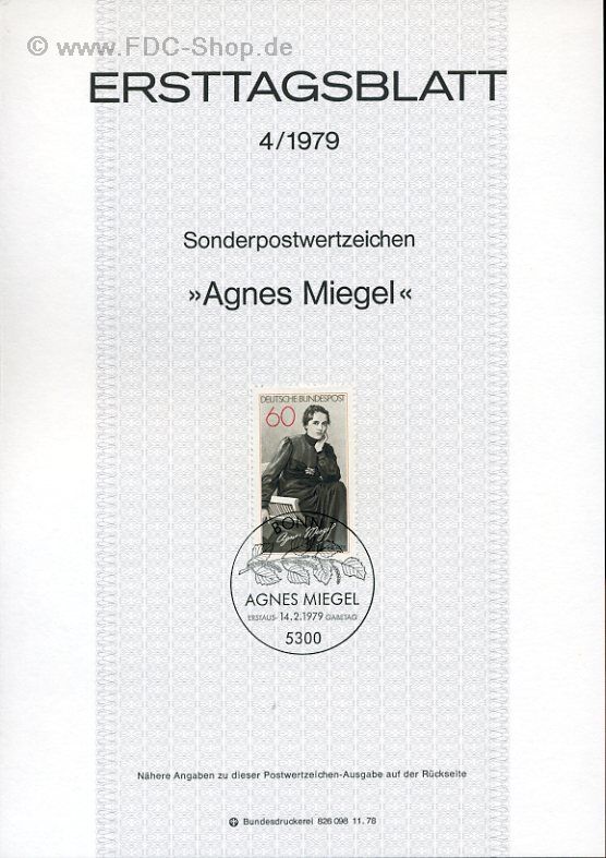 Ersttagsblatt BUND (04/1979) Mi-Nr: 1001, Agnes Miegel