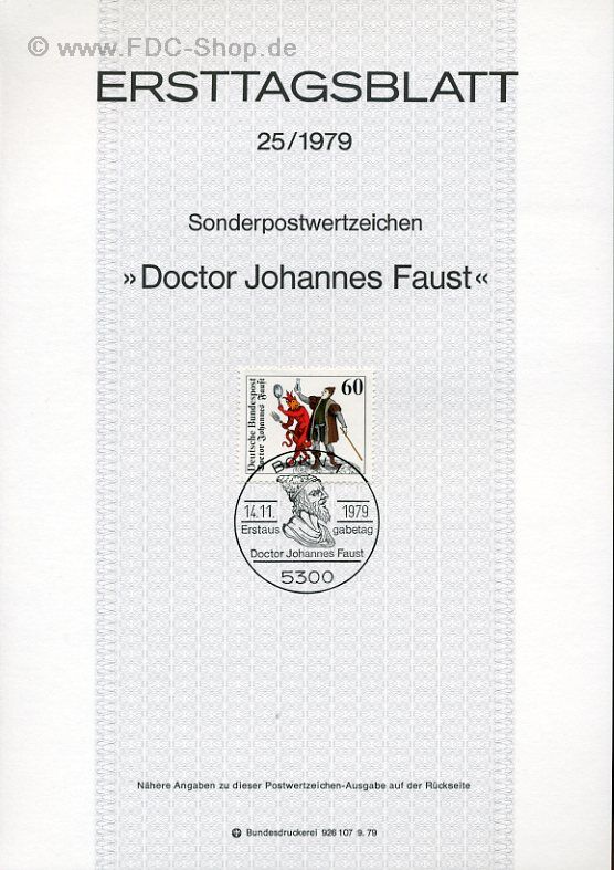 Ersttagsblatt BUND (25/1979) Mi-Nr: 1030, Doctor Johannes Faust