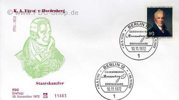 Ersttagsbrief BERLIN Mi-Nr: 440, 150. Todestag von Karl August Fürst von Hardenberg