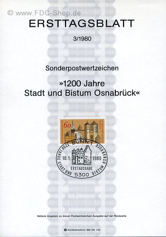 Ersttagsblatt BUND (03/1980) Mi-Nr: 1035, 1200 Jahre Stadt und Bistum Osnabrück