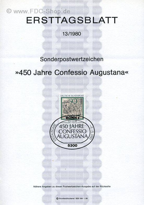 Ersttagsblatt BUND (13/1980) Mi-Nr: 1051, 450 Jahre Confessio Augustana