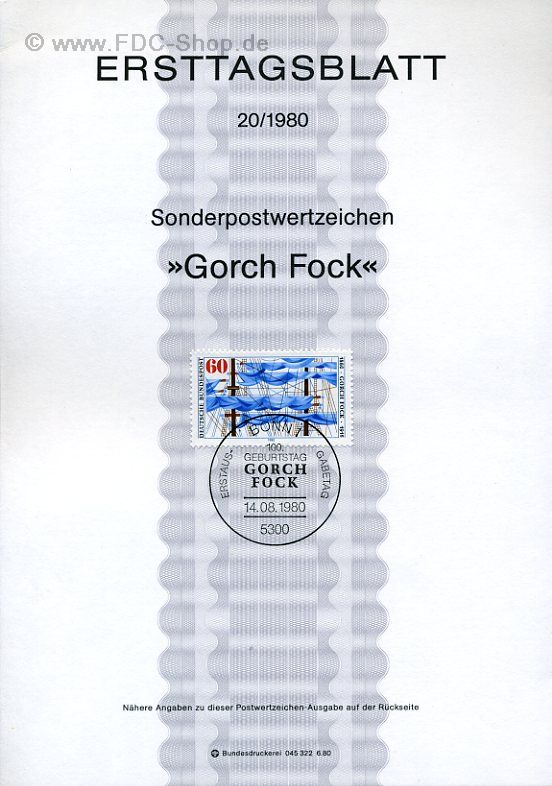 Ersttagsblatt BUND (20/1980) Mi-Nr: 1058, Gorch Fock