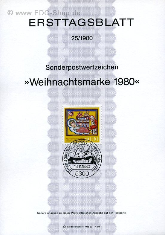 Ersttagsblatt BUND (25/1980) Mi-Nr: 1066, Weihnachtsmarke 1980
