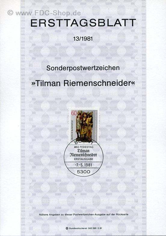 Ersttagsblatt BUND (13/1981) Mi-Nr: 1099, Tilmann Riemenschneider