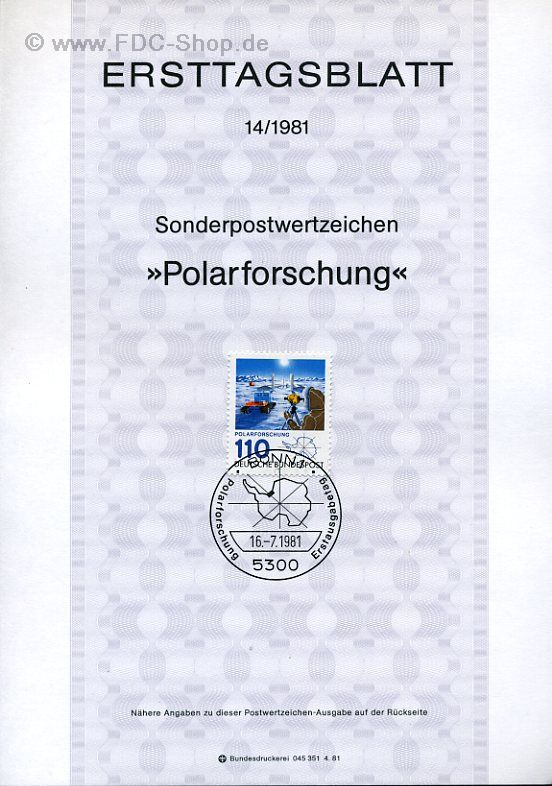 Ersttagsblatt BUND (14/1981) Mi-Nr: 1100, Polarforschung