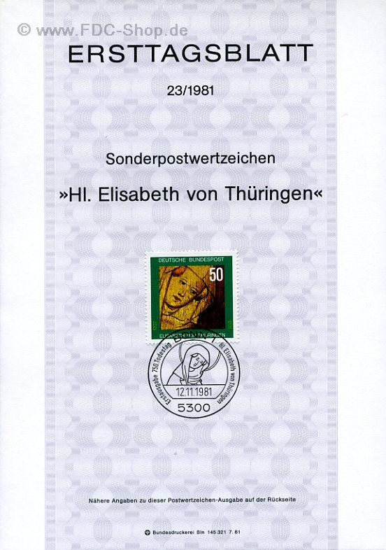 Ersttagsblatt BUND (23/1981) Mi-Nr: 1114, Hl. Elisabeth von Thüringen