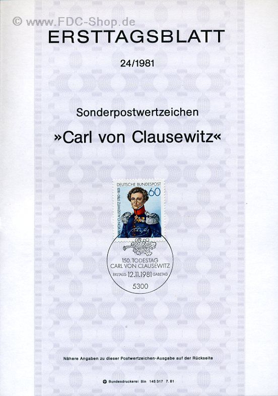 Ersttagsblatt BUND (24/1981) Mi-Nr: 1115, Carl von Clausewitz