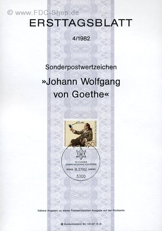 Ersttagsblatt BUND (04/1982) Mi-Nr: 1121, Johann Wolfgang von Goethe