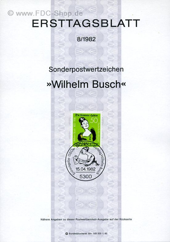 Ersttagsblatt BUND (08/1982) Mi-Nr: 1129, Wilhelm Busch