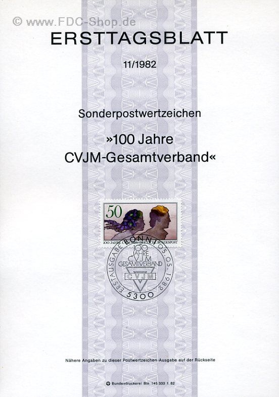 Ersttagsblatt BUND (11/1982) Mi-Nr: 1133, 100 Jahre CVJM-Gesamtverband