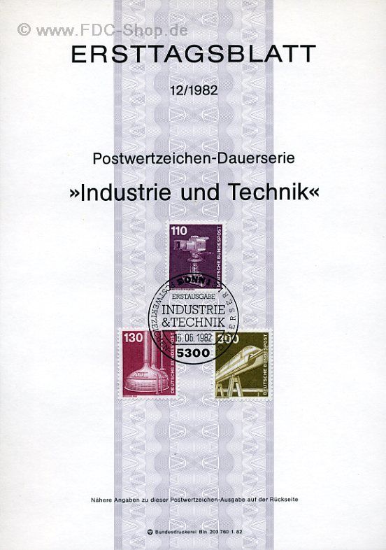 Ersttagsblatt BUND (12/1982) Mi-Nr: 1134+1135+1138, Industrie und Technik