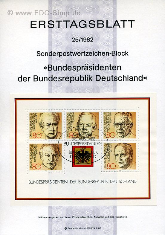 Ersttagsblatt BUND (25/1982) Mi-Nr: 1156-1160, Budespräsidenten der Bundesrepublik Deutschland