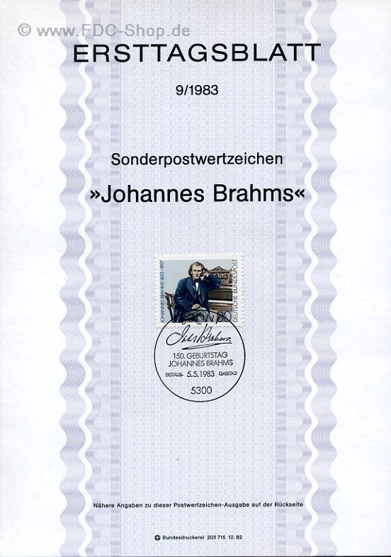 Ersttagsblatt BUND (09/1983) Mi-Nr: 1177, Johannes Brahms