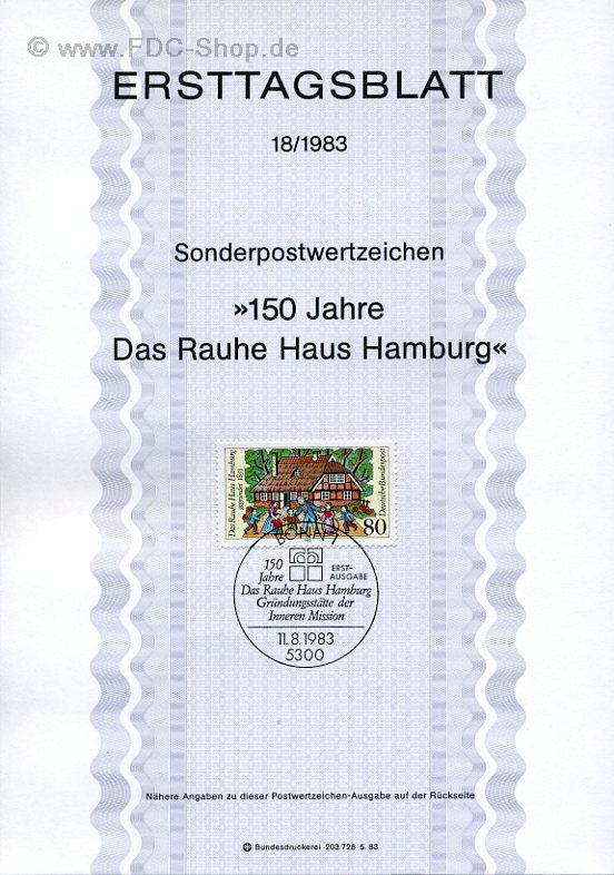 Ersttagsblatt BUND (18/1983) Mi-Nr: 1186, 150 Jahre Das Rauhe Haus Hamburg