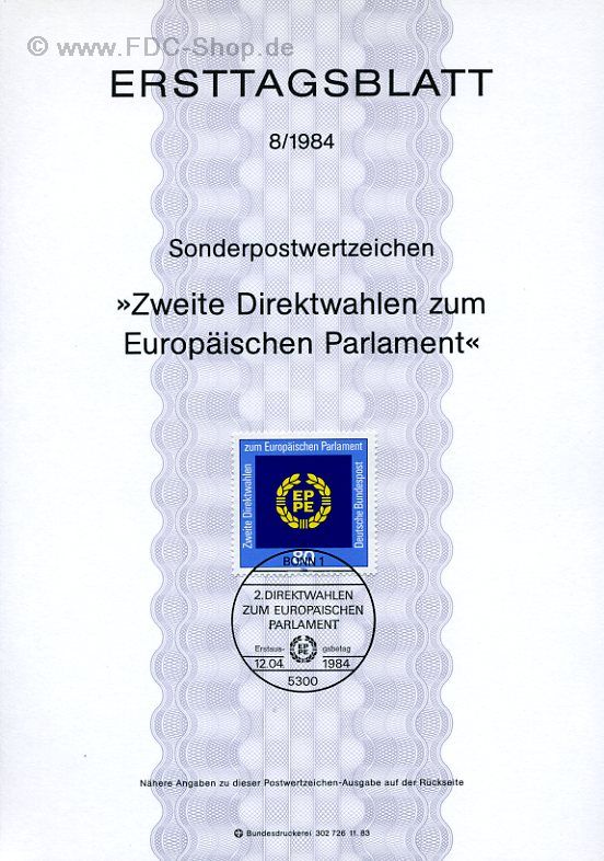 Ersttagsblatt BUND (08/1984) Mi-Nr: 1209, Zweite Direktwahlen zum Europäischen Parlament