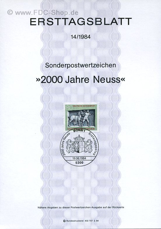 Ersttagsblatt BUND (14/1984) Mi-Nr: 1218, 2000 Jahre Neuss