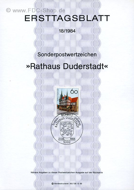 Ersttagsblatt BUND (18/1984) Mi-Nr: 1222, Rathaus Duderstadt