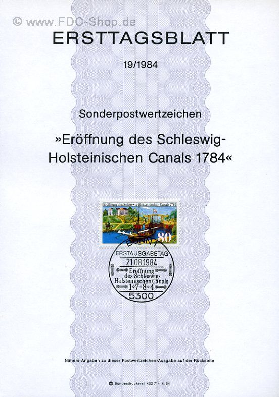 Ersttagsblatt BUND (19/1984) Mi-Nr: 1223, Eröffnung des Schleswig-Holsteinischen Canals 1784