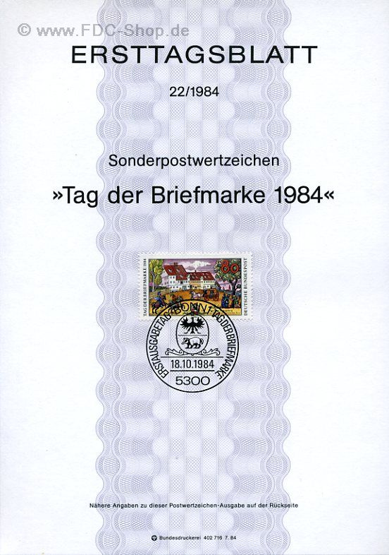 Ersttagsblatt BUND (22/1984) Mi-Nr: 1229, Tag der Briefmarke 1984
